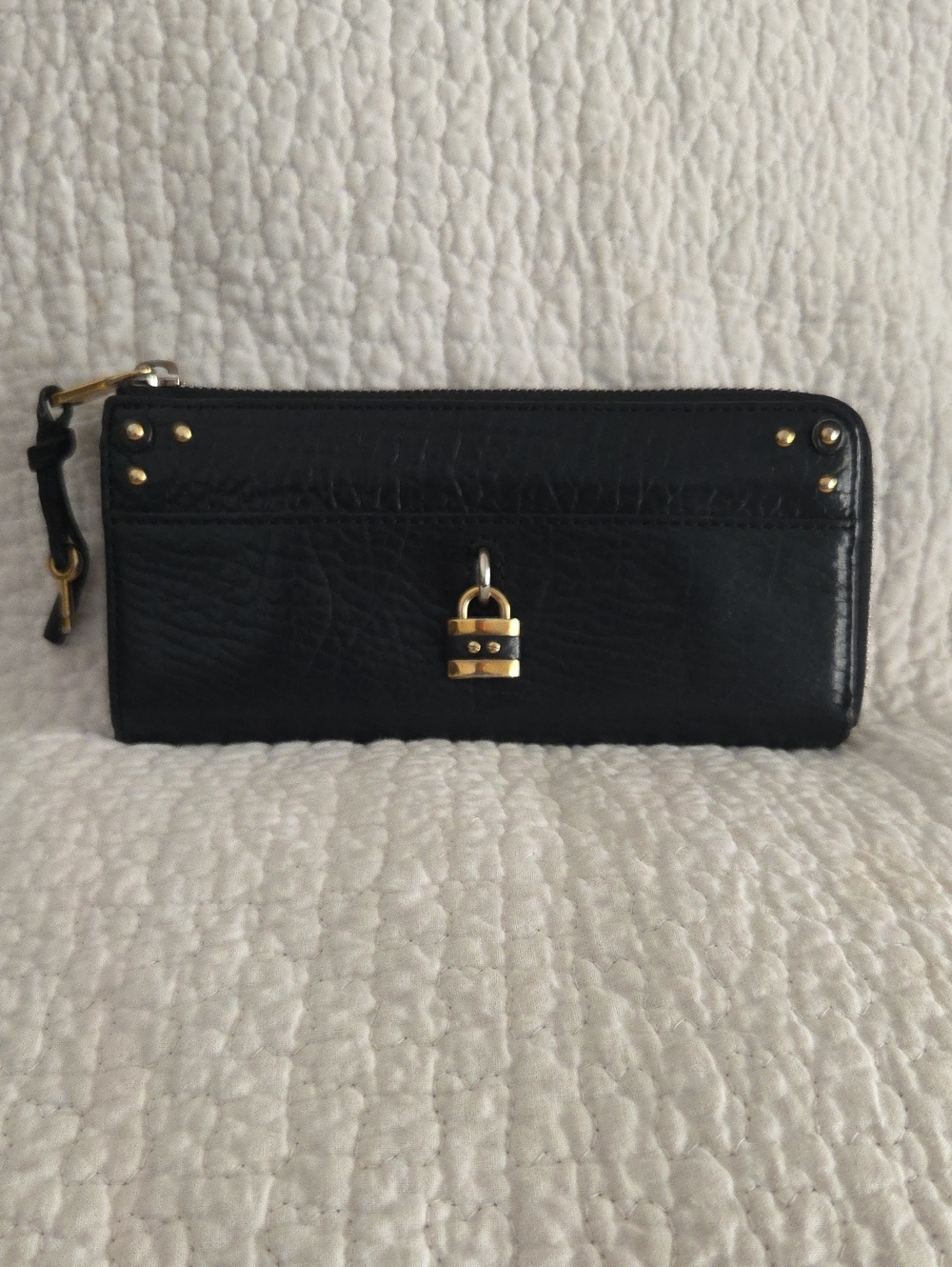 Chloe Black Leather Zip Wallet with Gold Padlock Accent